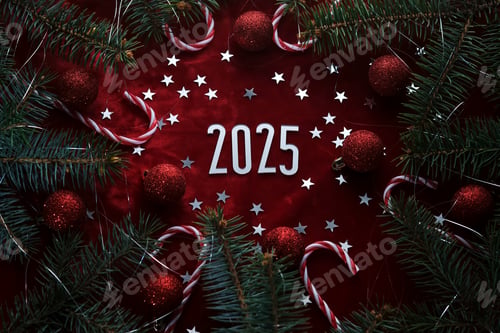 Preview: New Year red 2025 background. Number of the coming year in Christmas decoration.