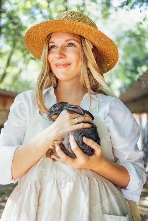 Preview: Close up of a young beautiful woman holding a small black rabbit