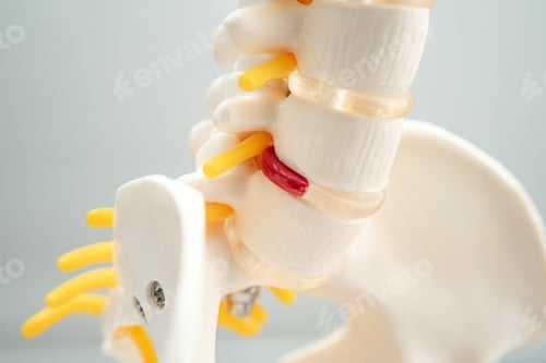 Preview: Lumbar spine displaced herniated disc fragment, spinal nerve and bone. Model for treatment medical