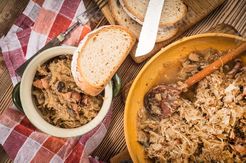 Preview: Bigos - stewed cabbage with meat,dried mushrooms and smoked sausage.