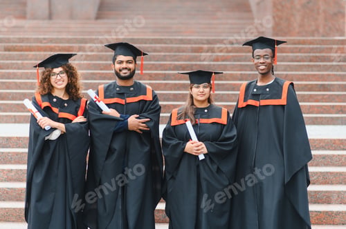 Preview: Diverse students celebrating graduation holding university diplomas