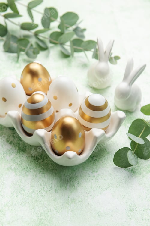 Preview: Easter decor. Golden Easter eggs on a ceramic holder and decorative rabbits.