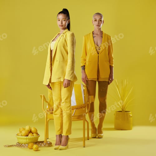Preview: Shot of two women dressed in stylish yellow clothes against a yellow background