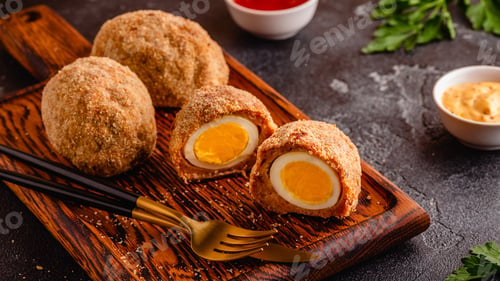 Preview: Traditional Scotch Eggs on a wooden board.