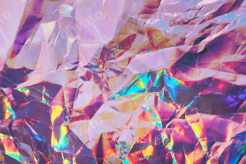 Preview: Iridescent holographic textural Background. Wrinkled folded paper or foil with iridescent highlights