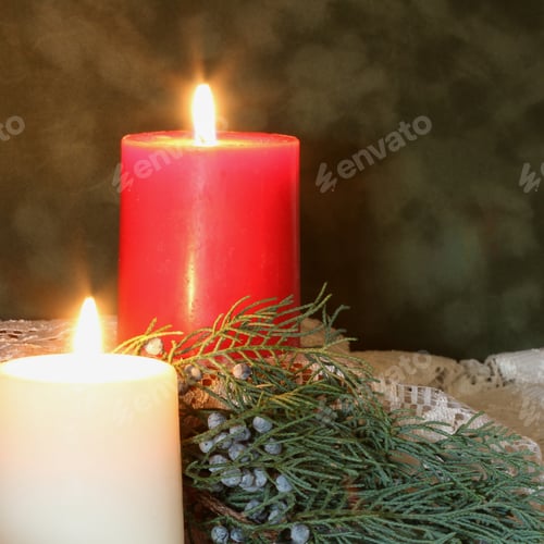 Preview: Candles With Pine Branch And Lace - Two Brightly Burning Candles On White Lace With A Pine Branch