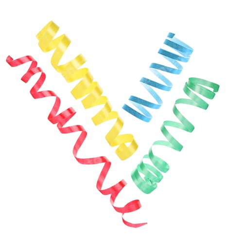 Preview: Colorful serpentine streamers falling against white background