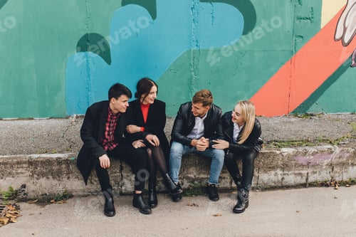Preview: Teenage Fun Happy Group Portrait with 4 Friends in the Street