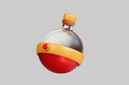 Preview: Spherical vessel with red, yellow, and silver design.