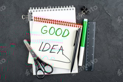 Preview: top view good idea written on notebook ruler green marker scissors black pen binder clips on table