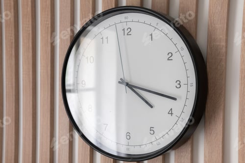 Preview: A wall clock with a black frame and white face hangs prominently on a wooden striped wall, indicatin