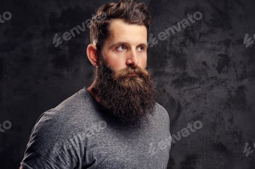 Preview: Portrait of a hipster with full beard and stylish haircut, dressed in a gray t-shirt in a studio