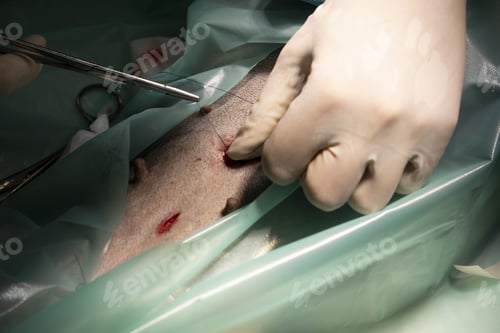 Preview: Closeup shot of a surgical process, a pair of hands operating an animal with surgical instruments