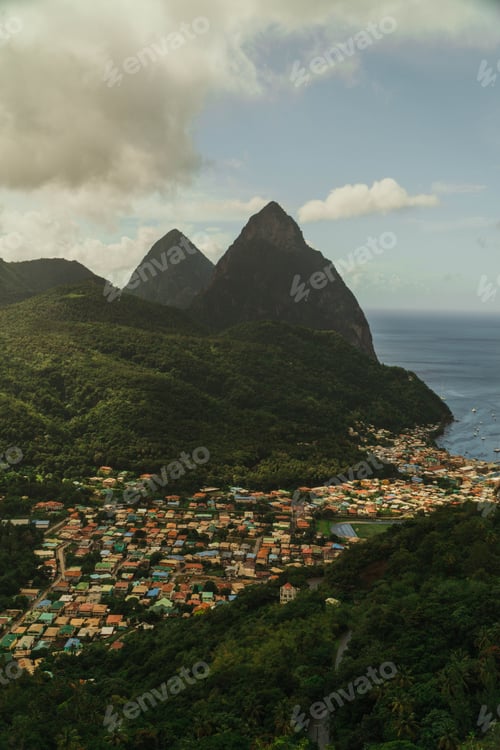 Preview: Aerial view of the iconic Pitons