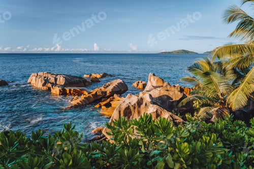 Preview: La Digue island holiday landscape. Exotic paradise nature beach of Seychelles