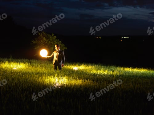 Preview: Business man holding up a lamp