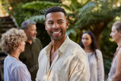 Preview: Smiling man enjoy wellness retreat outdoor