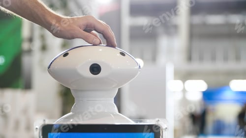 Preview: Man stroking robot like pet. Media. Close-up of human hand stroking head of robot dog. New