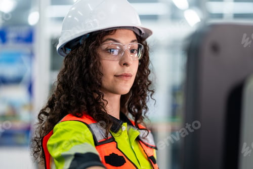 Preview: A woman wearing a safety helmet and orange vest is looking at a computer screen