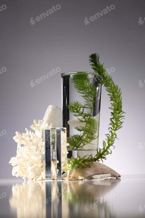 Preview: Podium for organic or eco cosmetic products. Modern still life art with carals, moss