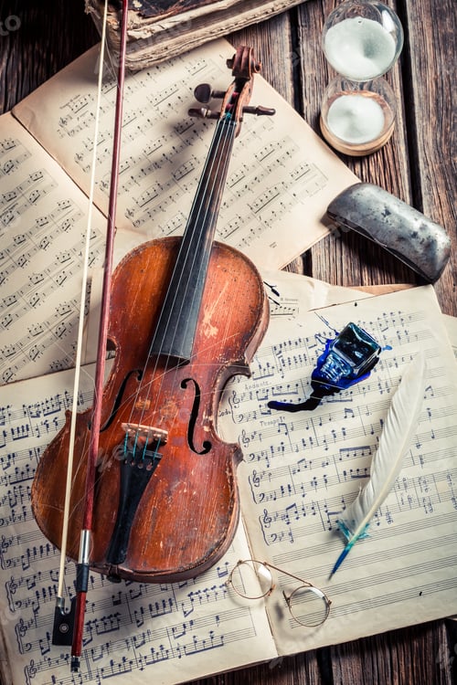 Preview: Retro violin and musical sheets on old wooden table
