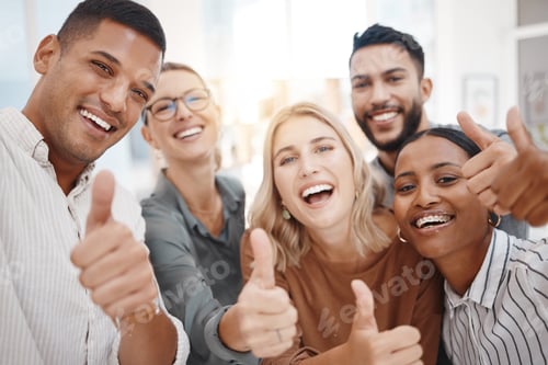 Preview: Portrait of a group of confident diverse businesspeople gesturing thumbs up and taking selfies toge