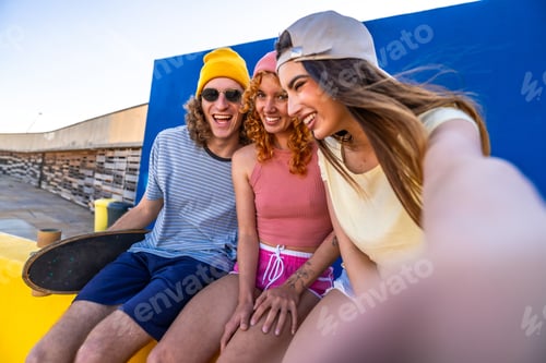 Preview: Group of young skaters taking a selfie on rooftop