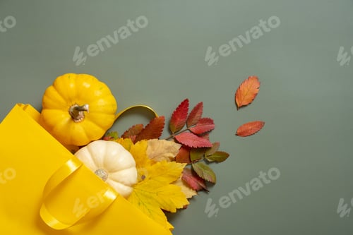 Preview: Autumn fallen leaves and shopping bag on green background