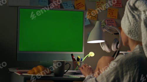 Preview: Business housewife typing chromakey computer closeup. Bathrobe girl relaxing