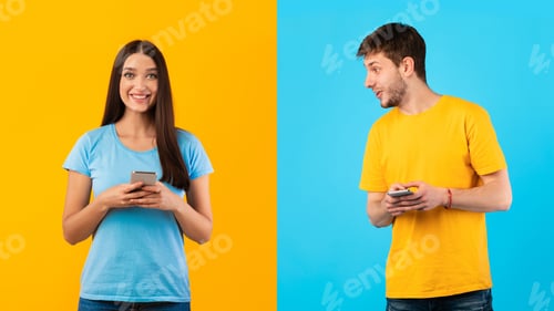 Preview: Woman using mobile phone at studio, surprised man peeking