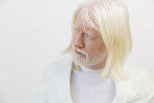 Preview: Elderly man with long white hair and beard in a minimalist white environment, showcasing a serene