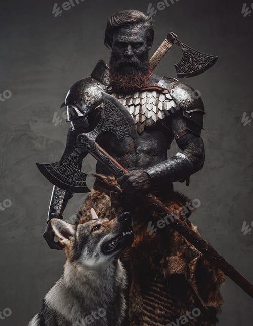 Preview: Handsome and evil guardian holding a double axe standing with a wolf