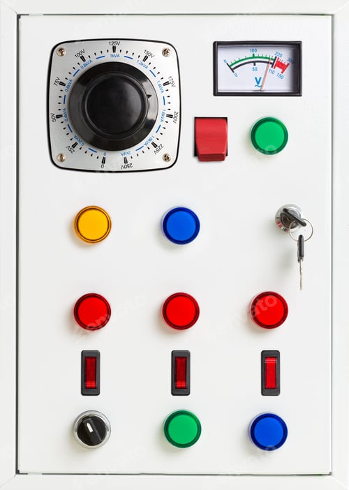 Preview: Electrical Control Panel with Colorful Buttons and Dials