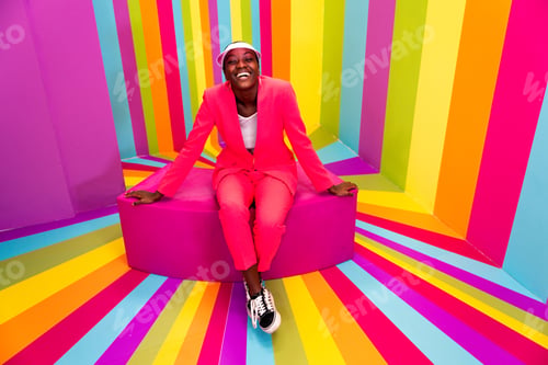 Preview: Beautiful young woman dancing and having fun inside a rainbow box room
