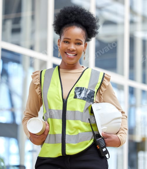 Preview: Black woman, blueprint or portrait of architect on construction site for project management. Engine