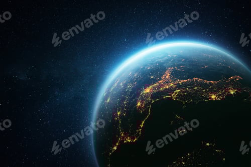 Preview: Amazing planet Earth with a blue glow and yellow lights of night cities in space.