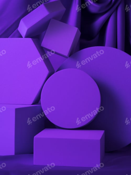 Preview: Geometric shapes purple stand podium mockup for product display on silk background