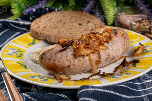 Preview: Fried white sausage with onion.