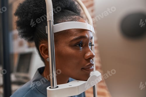 Preview: Optometry, healthcare and woman doing eye test at a clinic for optic wellness, health and vision. M