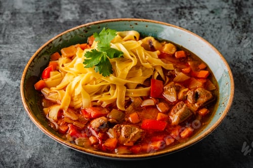 Preview: Lagman soup with lamb, homemade noodles and vegetables.