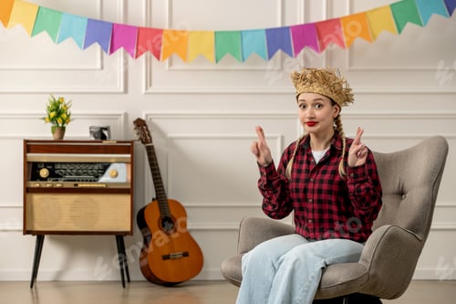Preview: festa junina cute girl in straw hat brazilian midsummer with retro radio guitar crossing fingers