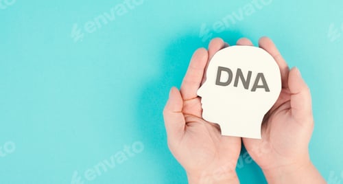 Preview: Holding a head with the word DNA, genetic therapy and treatment, biotechnology in mordern medicine