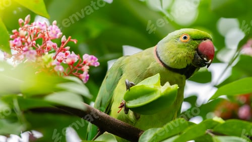 Preview: Rose-ringed parakeet eating fresh green carambola fruit in a tree.
