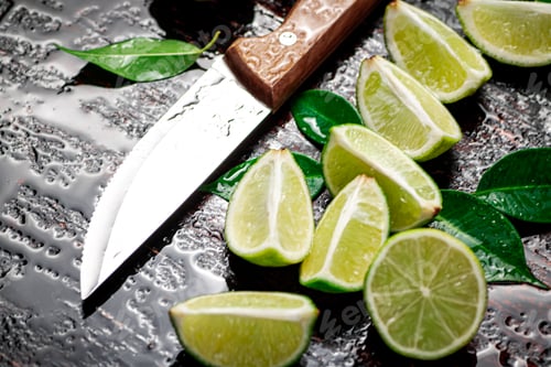 Preview: Pieces of lime with leaves and a knife.