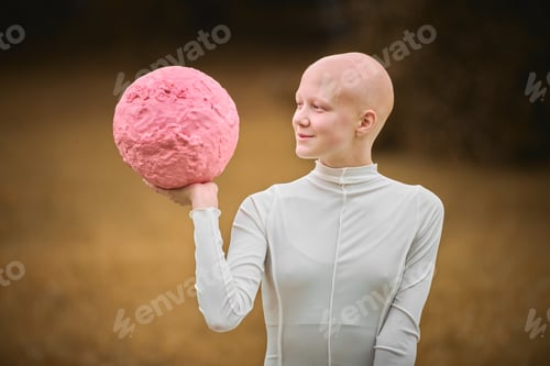 Preview: Young hairless girl with alopecia in white cloth holds pink ball in hand on fall lawn park