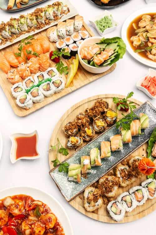 Preview: sushi mixed plate moriawase meal on plate in japanese restaurant