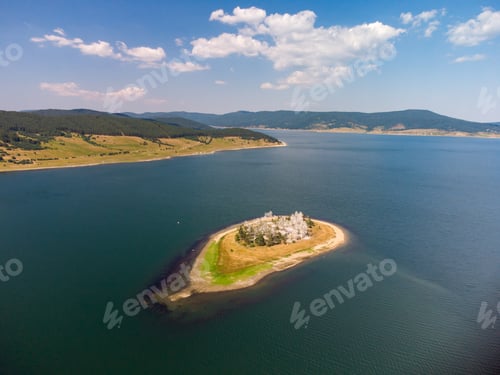 Preview: Aerial panoramic view of Island on a Batak Reservoir located in Bulgaria, Rhodopa Mountains