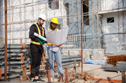 Preview: Construction civil engineer man and woman African American checking quality of work in construction