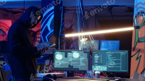 Preview: Hacker arriving with tablet in hidden base, deploying viruses