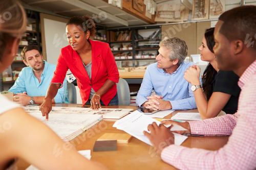 Preview: Female Boss Leading Meeting Of Architects Sitting At Table